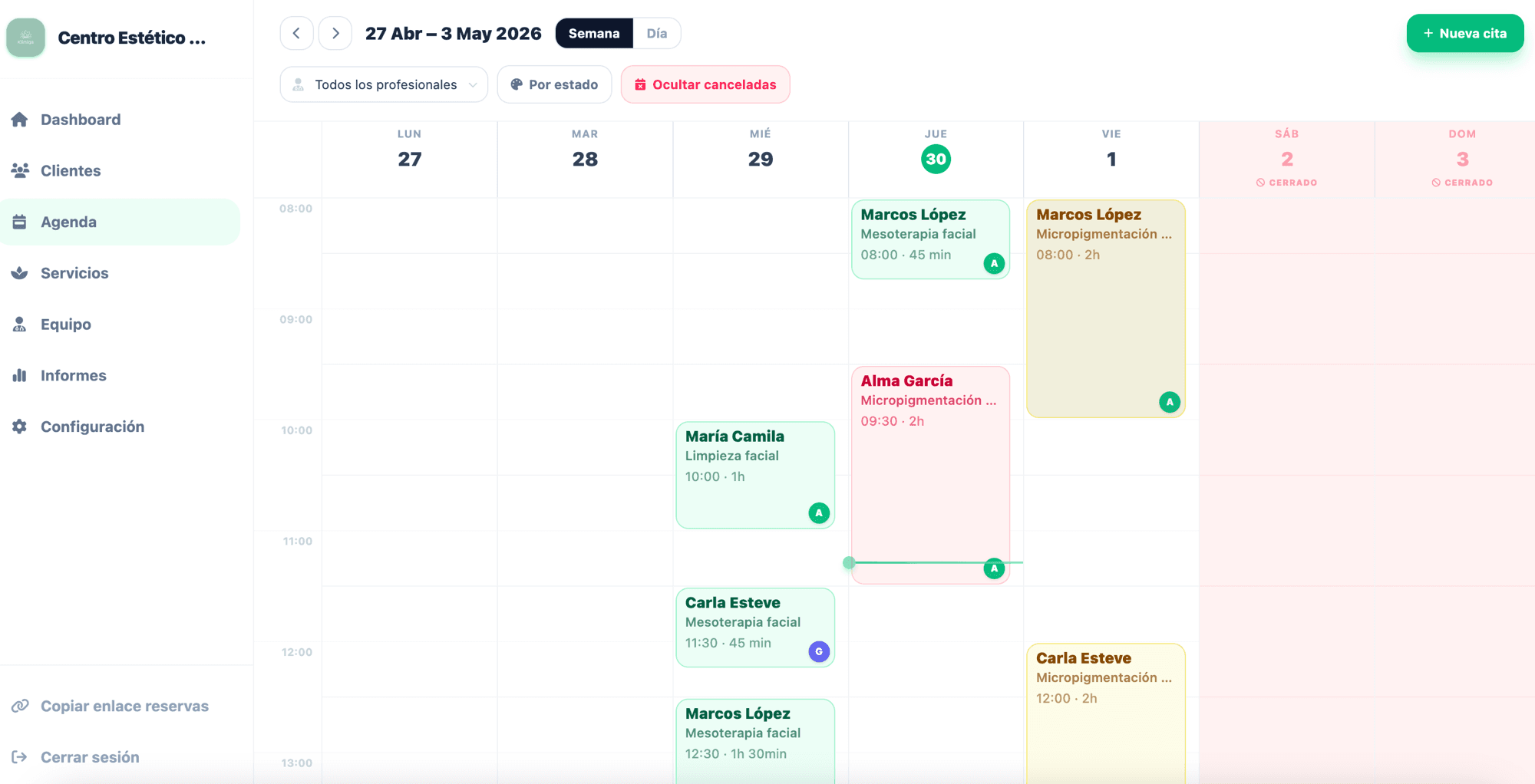 Agenda semanal de citas del software de gestión Kliniqa para clínicas estéticas – vista semana con citas, estados y profesionales