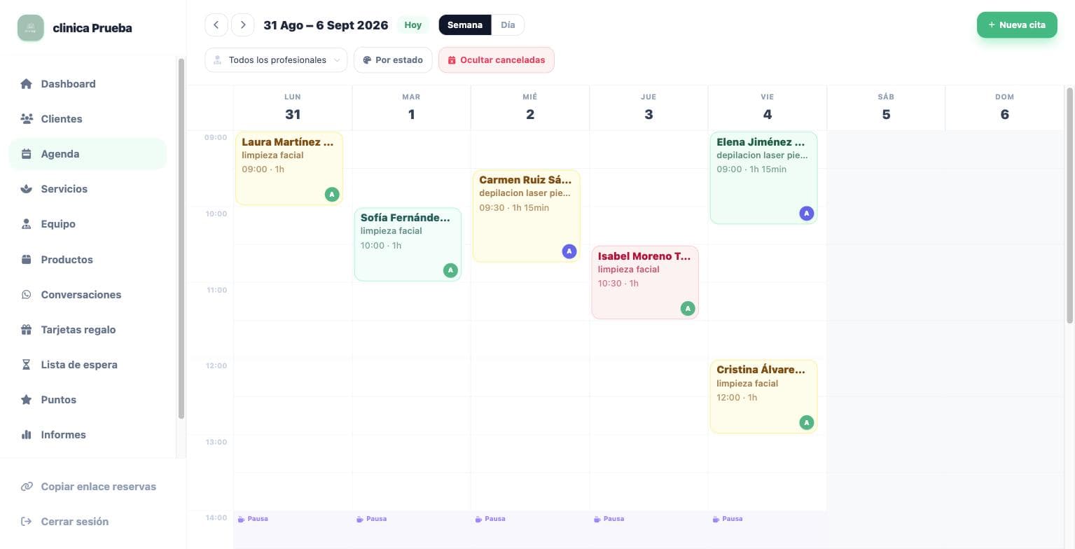 Agenda real de Kliniqa con citas de varias clientas a lo largo de la semana